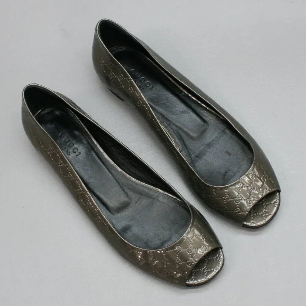 Gucci 37.5 Ladies 7.5 Microguccissima Metal Bronze/Gray GG Flats Peep-toe Shoes - Picture 6 of 12